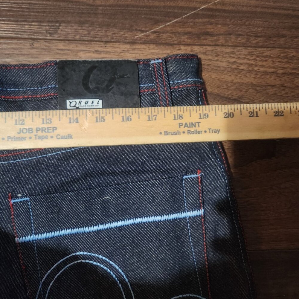 Vintage Qruel Jeans men's 36x32 Blue Dark Raw Red Stitching Baggy y2k - Picture 12 of 14